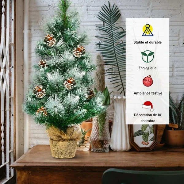 Arbre de Noël Artificiel 60 Cm avec Aiguilles Enneigées Pommes de Pin Arbre de Noël Artificiel de Table Pied En Ciment Avec Toile de Lin