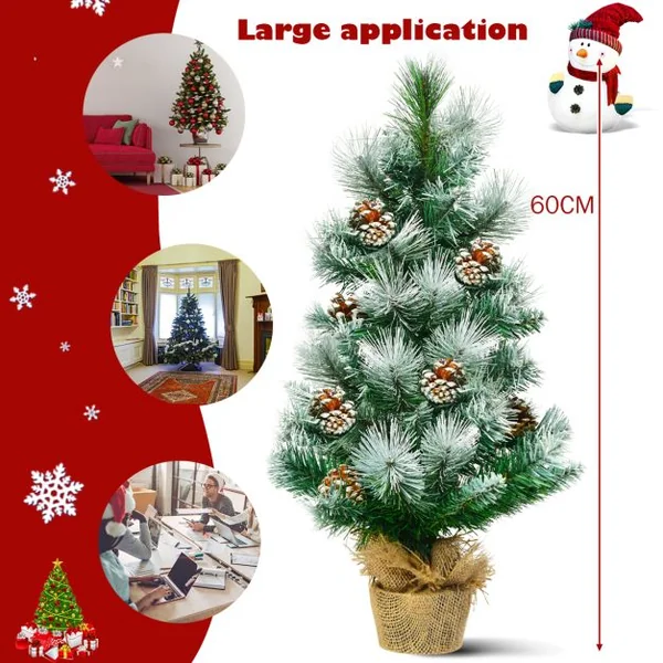Arbre de Noël Artificiel 60 Cm avec Aiguilles Enneigées Pommes de Pin Arbre de Noël Artificiel de Table Pied En Ciment Avec Toile de Lin