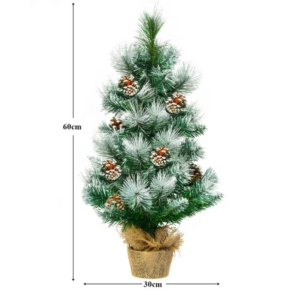 Arbre de Noël Artificiel 60 Cm avec Aiguilles Enneigées Pommes de Pin Arbre de Noël Artificiel de Table Pied En Ciment Avec Toile de Lin