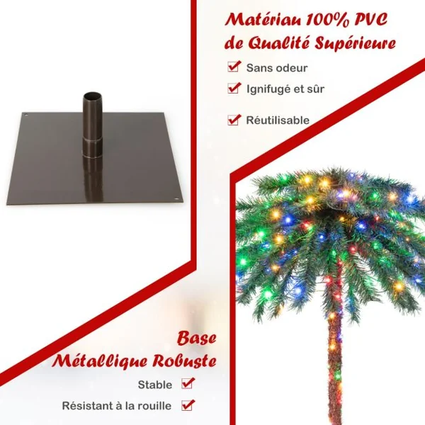 Arbre de Noël Artificiel en Forme de Palmier 1,8 m avec 210 Lumières à 4 Couleurs en PVC Décoration pour Bureau Maison Vert
