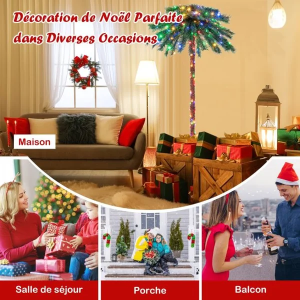 Arbre de Noël Artificiel en Forme de Palmier 1,8 m avec 210 Lumières à 4 Couleurs en PVC Décoration pour Bureau Maison Vert