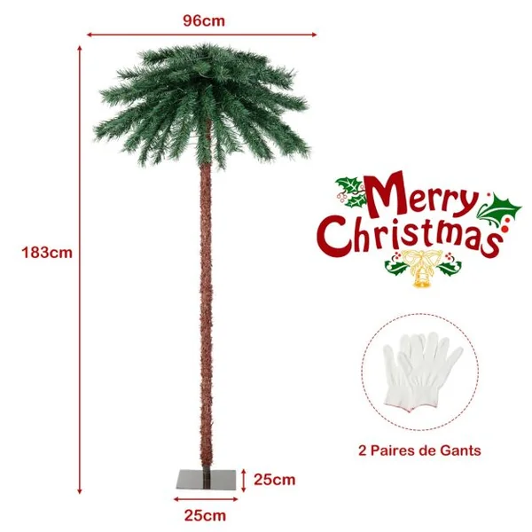 Arbre de Noël Artificiel en Forme de Palmier 1,8 m avec 210 Lumières à 4 Couleurs en PVC Décoration pour Bureau Maison Vert