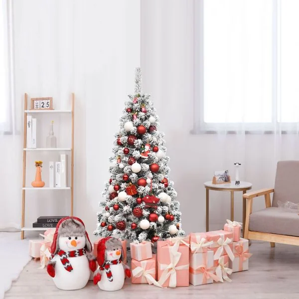 Arbre de Noël Artificiel Longiligne 135 CM ASpin Enneigé à Charnières Arbre de Noël Allongé 242 Branches pour la Décoration de la Maison