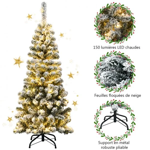 Arbre de Noël Artificiel Longiligne 135 CM ASpin Enneigé à Charnières Arbre de Noël Allongé 242 Branches pour la Décoration de la Maison