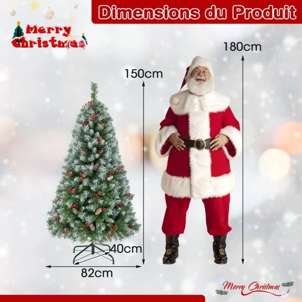 Arbre de Noël Artificiel Pré-Éclairé 150 cm à Charnière Pré-Décoré 450 Pointes de Branches 200 Lumières Led 8 Modes d'Éclairage Pommes de Pin Baies Rouges