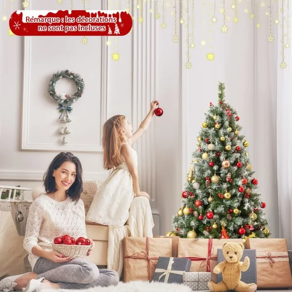 Arbre de Noël Artificiel Pré-Éclairé 150 cm à Charnière Pré-Décoré 450 Pointes de Branches 200 Lumières Led 8 Modes d'Éclairage Pommes de Pin Baies Rouges