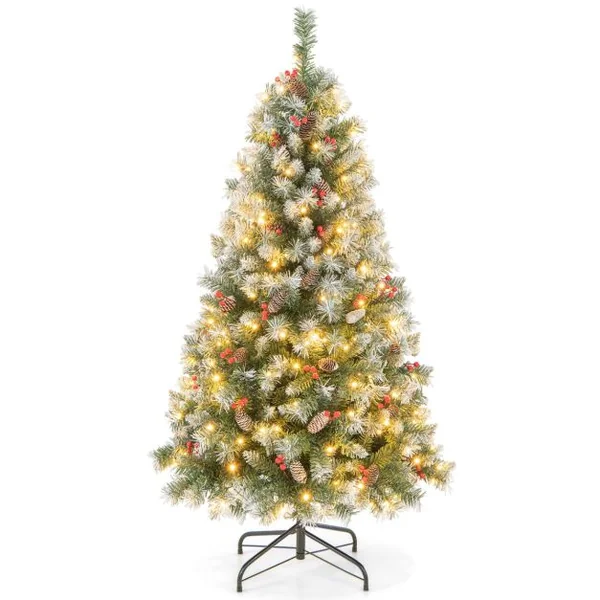 Arbre de Noël Artificiel Pré-Éclairé 150 cm à Charnière Pré-Décoré 450 Pointes de Branches 200 Lumières Led 8 Modes d'Éclairage Pommes de Pin Baies Rouges