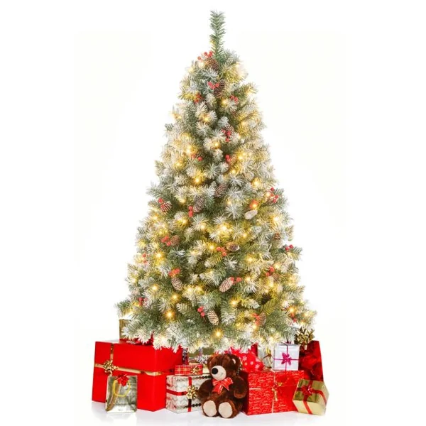 Arbre de Noël Artificiel Pré-Éclairé 150 cm à Charnière Pré-Décoré 450 Pointes de Branches 200 Lumières Led 8 Modes d'Éclairage Pommes de Pin Baies Rouges