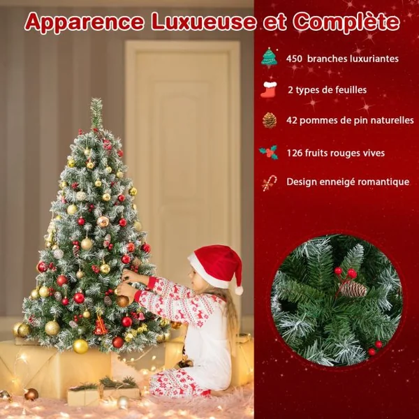 Arbre de Noël Artificiel Pré-Éclairé 150 cm à Charnière Pré-Décoré 450 Pointes de Branches 200 Lumières Led 8 Modes d'Éclairage Pommes de Pin Baies Rouges
