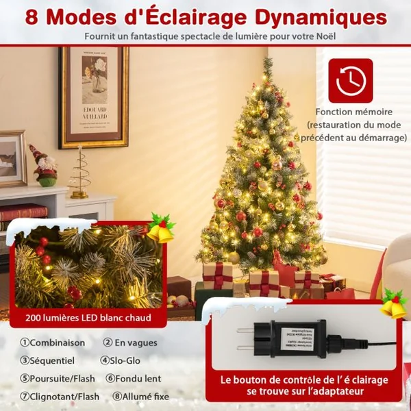 Arbre de Noël Artificiel Pré-Éclairé 150 cm à Charnière Pré-Décoré 450 Pointes de Branches 200 Lumières Led 8 Modes d'Éclairage Pommes de Pin Baies Rouges