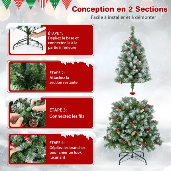 Arbre de Noël Artificiel Pré-Éclairé 150 cm à Charnière Pré-Décoré 450 Pointes de Branches 200 Lumières Led 8 Modes d'Éclairage Pommes de Pin Baies Rouges