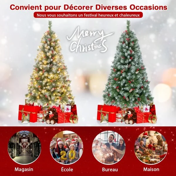 Arbre de Noël Artificiel Pré-Éclairé 150 cm à Charnière Pré-Décoré 450 Pointes de Branches 200 Lumières Led 8 Modes d'Éclairage Pommes de Pin Baies Rouges