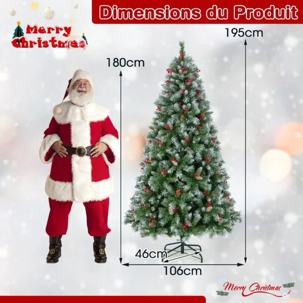 Arbre de Noël Artificiel Pré-Éclairé 195 cm à Charnière Pré-Décoré 909 Pointes de Branches 420 Lumières Led 8 Modes d'Éclairage Pommes de Pin Baies Rouges