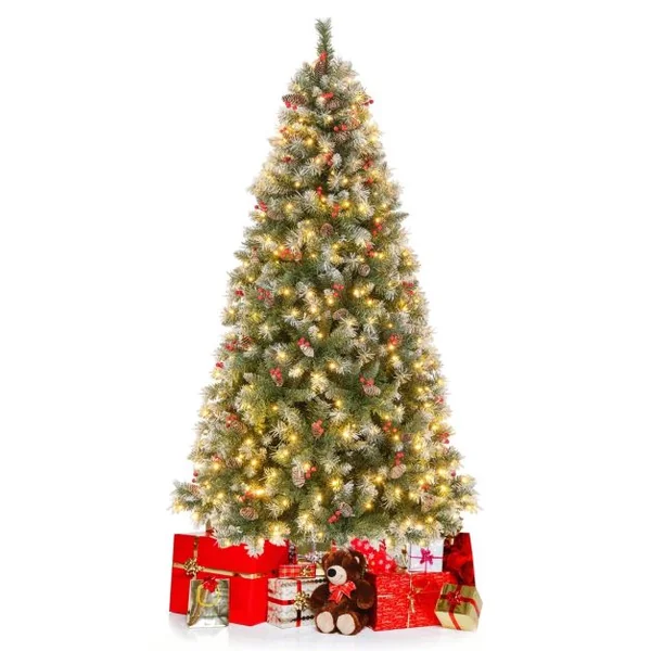 Arbre de Noël Artificiel Pré-Éclairé 195 cm à Charnière Pré-Décoré 909 Pointes de Branches 420 Lumières Led 8 Modes d'Éclairage Pommes de Pin Baies Rouges