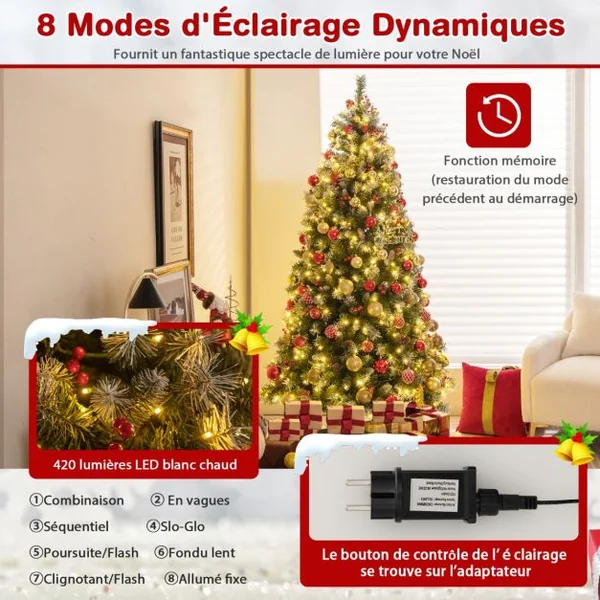Arbre de Noël Artificiel Pré-Éclairé 195 cm à Charnière Pré-Décoré 909 Pointes de Branches 420 Lumières Led 8 Modes d'Éclairage Pommes de Pin Baies Rouges