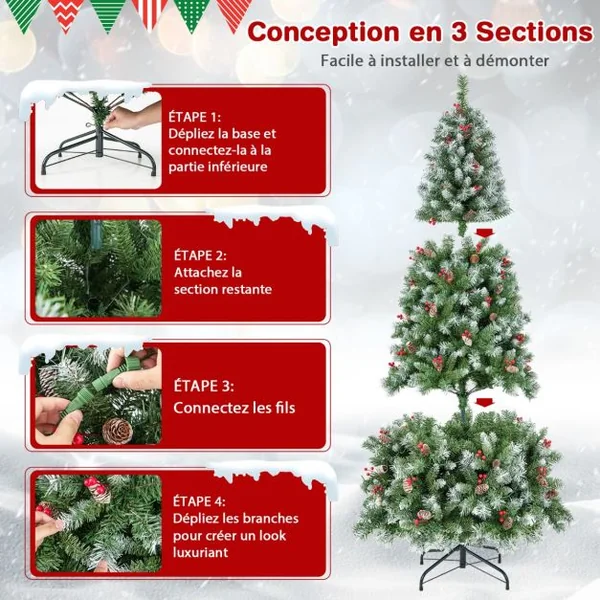 Arbre de Noël Artificiel Pré-Éclairé 195 cm à Charnière Pré-Décoré 909 Pointes de Branches 420 Lumières Led 8 Modes d'Éclairage Pommes de Pin Baies Rouges