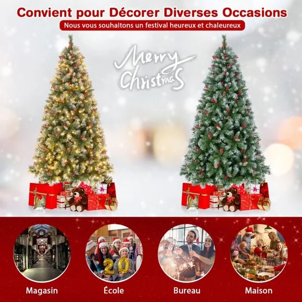 Arbre de Noël Artificiel Pré-Éclairé 195 cm à Charnière Pré-Décoré 909 Pointes de Branches 420 Lumières Led 8 Modes d'Éclairage Pommes de Pin Baies Rouges