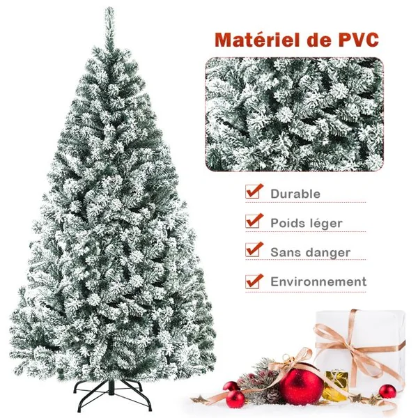 Arbre de Noël Artificiel à Flocons de Neige 180CM avec Charnières Support Métallique et 600 Branches Matière PVC Non-éclairé