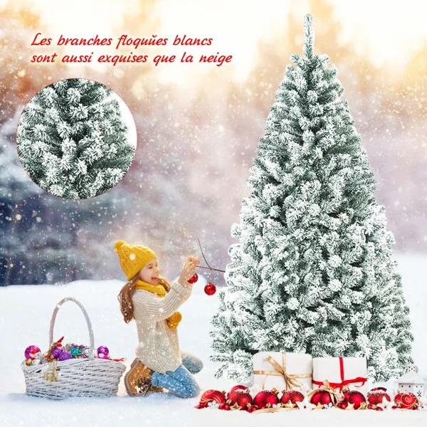 Arbre de Noël Artificiel à Flocons de Neige 180CM avec Charnières Support Métallique et 600 Branches Matière PVC Non-éclairé
