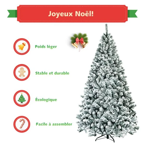 Arbre de Noël Artificiel à Flocons de Neige 225CM avec Charnières,Support Métallique et 1010 Branches Matière PVC Non-éclairé