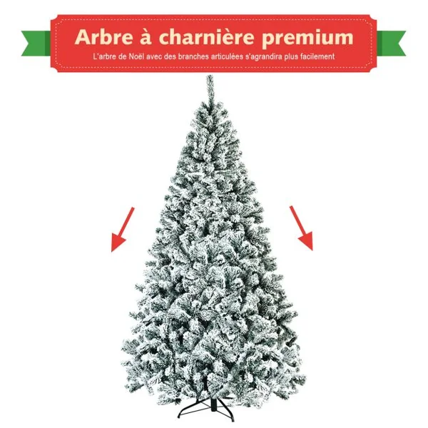 Arbre de Noël Artificiel à Flocons de Neige 225CM avec Charnières,Support Métallique et 1010 Branches Matière PVC Non-éclairé