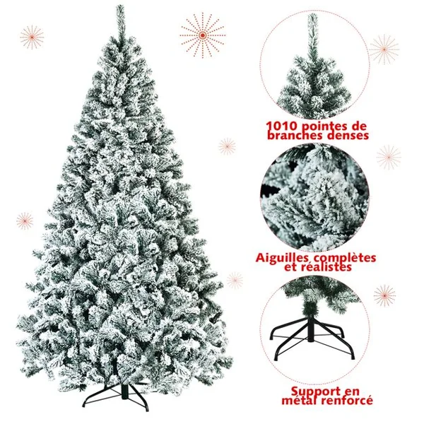 Arbre de Noël Artificiel à Flocons de Neige 225CM avec Charnières,Support Métallique et 1010 Branches Matière PVC Non-éclairé