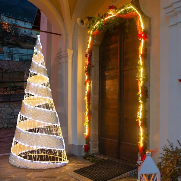 Arbre de Noël Conique en Spirale Artificiel Pré-éclairé 155cm Décoration de Noël 300 Lumières LED Blanc Chaud et 250 Lumières LED Blanc Froid
