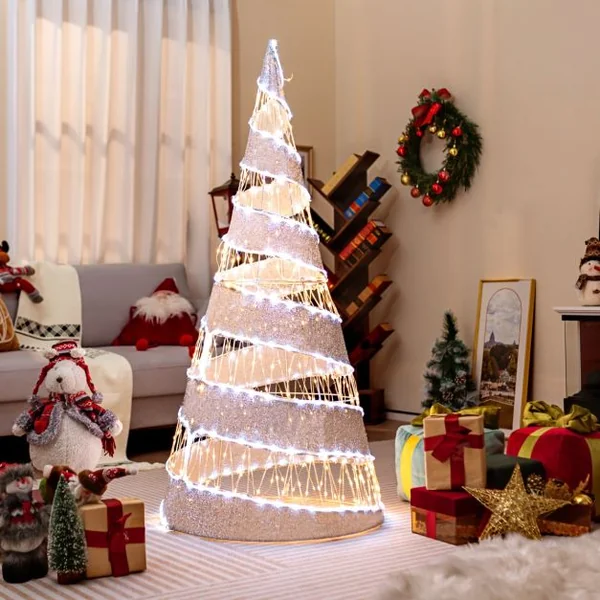 Arbre de Noël Conique en Spirale Artificiel Pré-éclairé 155cm Décoration de Noël 300 Lumières LED Blanc Chaud et 250 Lumières LED Blanc Froid