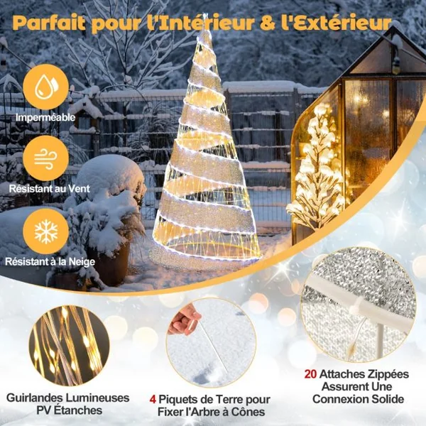 Arbre de Noël Conique en Spirale Artificiel Pré-éclairé 155cm Décoration de Noël 300 Lumières LED Blanc Chaud et 250 Lumières LED Blanc Froid