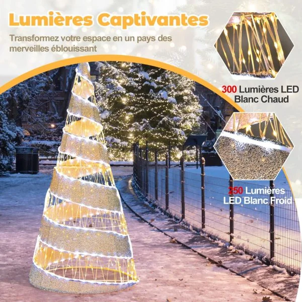 Arbre de Noël Conique en Spirale Artificiel Pré-éclairé 155cm Décoration de Noël 300 Lumières LED Blanc Chaud et 250 Lumières LED Blanc Froid