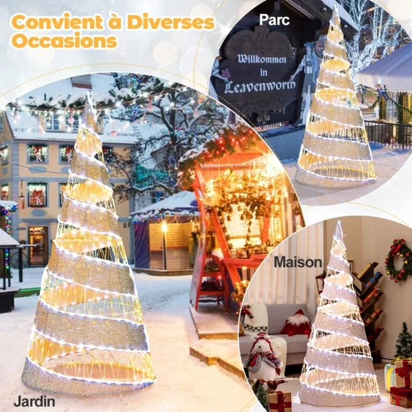 Arbre de Noël Conique en Spirale Artificiel Pré-éclairé 155cm Décoration de Noël 300 Lumières LED Blanc Chaud et 250 Lumières LED Blanc Froid