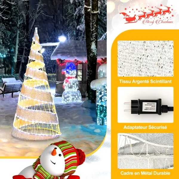 Arbre de Noël Conique en Spirale Artificiel Pré-éclairé 155cm Décoration de Noël 300 Lumières LED Blanc Chaud et 250 Lumières LED Blanc Froid