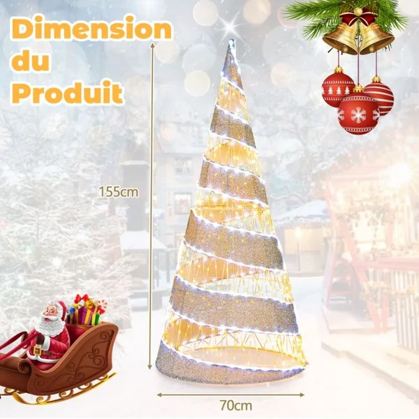 Arbre de Noël Conique en Spirale Artificiel Pré-éclairé 155cm Décoration de Noël 300 Lumières LED Blanc Chaud et 250 Lumières LED Blanc Froid