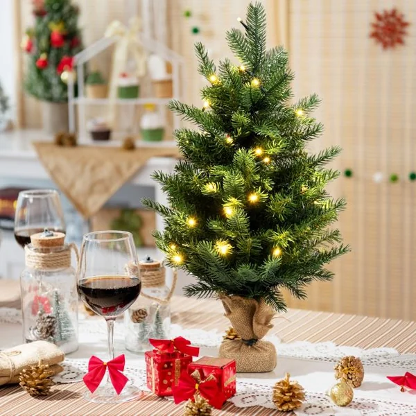 Arbre de Noël de Table H60CM dans Sac de Lin Sapin Epicéa en PVC+PE avec Fonction de Minuterie 234 Branches 35 Lumières LED