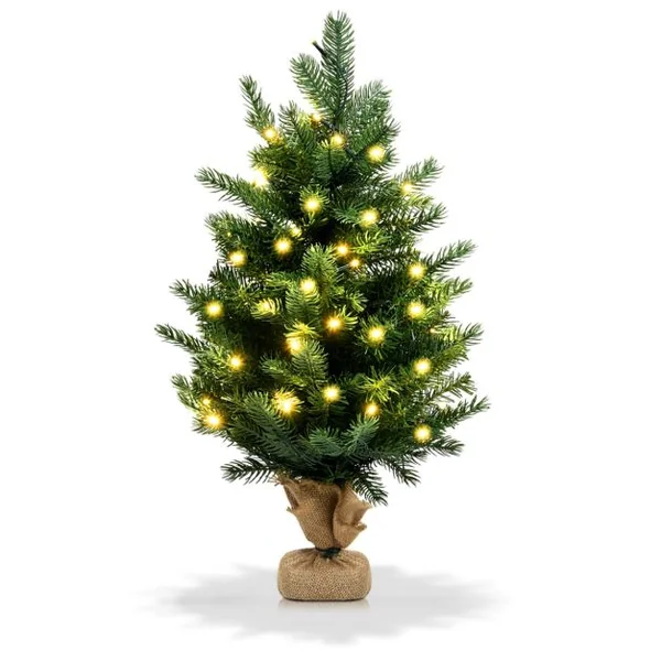 Arbre de Noël de Table H60CM dans Sac de Lin Sapin Epicéa en PVC+PE avec Fonction de Minuterie 234 Branches 35 Lumières LED