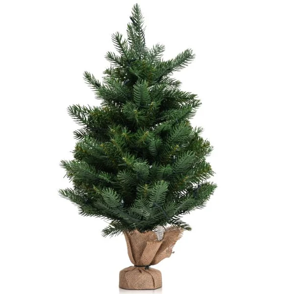 Arbre de Noël de Table H60CM dans Sac de Lin Sapin Epicéa en PVC+PE avec Fonction de Minuterie 234 Branches 35 Lumières LED
