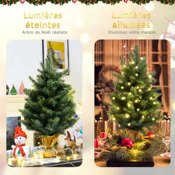 Arbre de Noël de Table H60CM dans Sac de Lin Sapin Epicéa en PVC+PE avec Fonction de Minuterie 234 Branches 35 Lumières LED