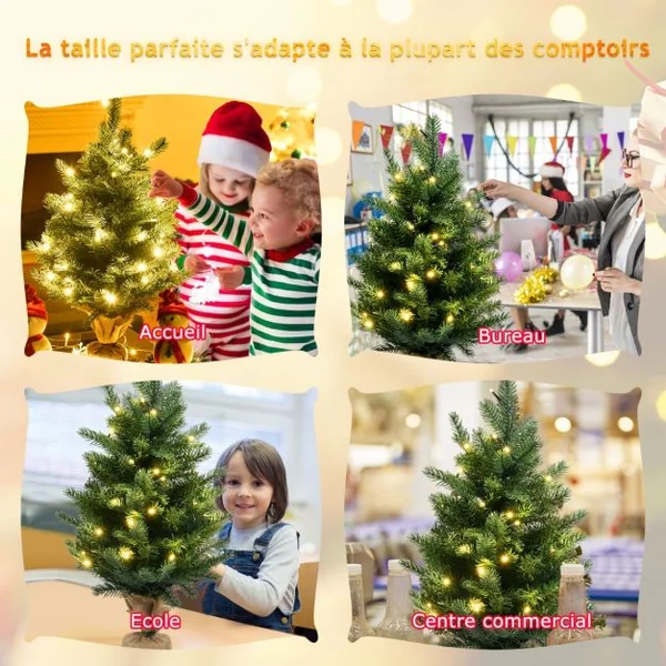 Arbre de Noël de Table H60CM dans Sac de Lin Sapin Epicéa en PVC+PE avec Fonction de Minuterie 234 Branches 35 Lumières LED