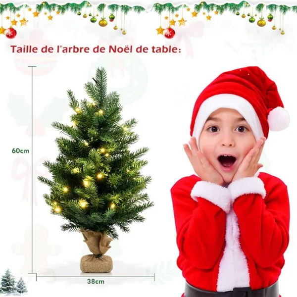 Arbre de Noël de Table H60CM dans Sac de Lin Sapin Epicéa en PVC+PE avec Fonction de Minuterie 234 Branches 35 Lumières LED