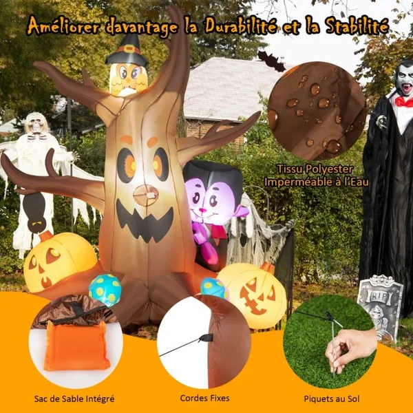 Arbre Mort Gonflable d'halloween de 180 cm avec Citrouilles Vampire Hibou et Champignons