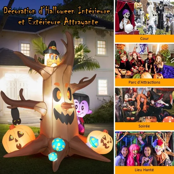Arbre Mort Gonflable d'halloween de 180 cm avec Citrouilles Vampire Hibou et Champignons