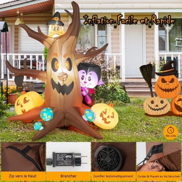 Arbre Mort Gonflable d'halloween de 180 cm avec Citrouilles Vampire Hibou et Champignons