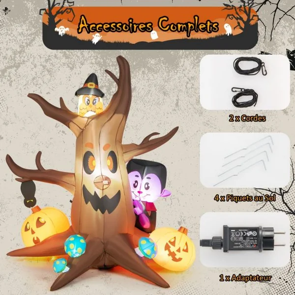 Arbre Mort Gonflable d'halloween de 180 cm avec Citrouilles Vampire Hibou et Champignons
