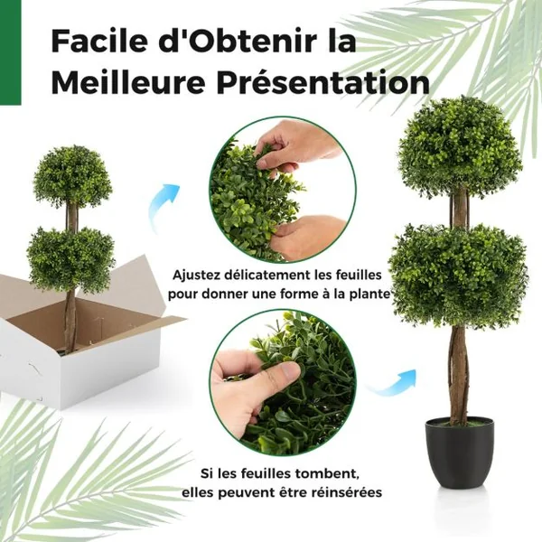 Arbre Topiaire en Buis Artificiel 100 cm avec 2 Boules Fausse Plante avec Pot en PE Rempli de Ciment Résistant aux UV pour Décoration de Entrée Vert