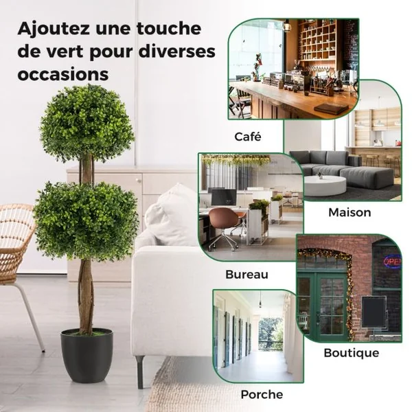 Arbre Topiaire en Buis Artificiel 100 cm avec 2 Boules Fausse Plante avec Pot en PE Rempli de Ciment Résistant aux UV pour Décoration de Entrée Vert