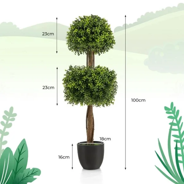 Arbre Topiaire en Buis Artificiel 100 cm avec 2 Boules Fausse Plante avec Pot en PE Rempli de Ciment Résistant aux UV pour Décoration de Entrée Vert