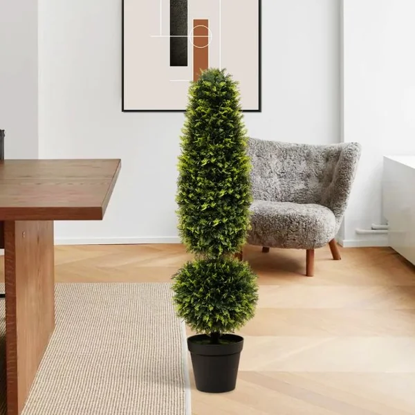 Arbre Topiaire en Buis Artificiel 120 cm avec Vignes Naturelles Fausse Plante de Buis avec Pot en PE Rempli de Ciment Vert