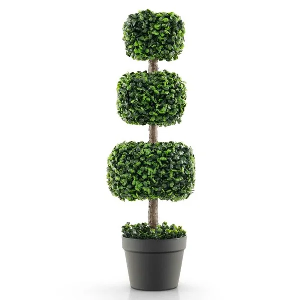 Arbre Topiaire en Buis Artificiel 75 cm de Forme Triple Carrée Fausse Plante de Buis avec Pot en Plastique Rempli de Ciment Vert
