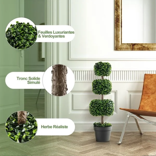 Arbre Topiaire en Buis Artificiel 75 cm de Forme Triple Carrée Fausse Plante de Buis avec Pot en Plastique Rempli de Ciment Vert
