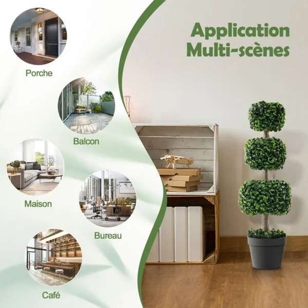 Arbre Topiaire en Buis Artificiel 75 cm de Forme Triple Carrée Fausse Plante de Buis avec Pot en Plastique Rempli de Ciment Vert